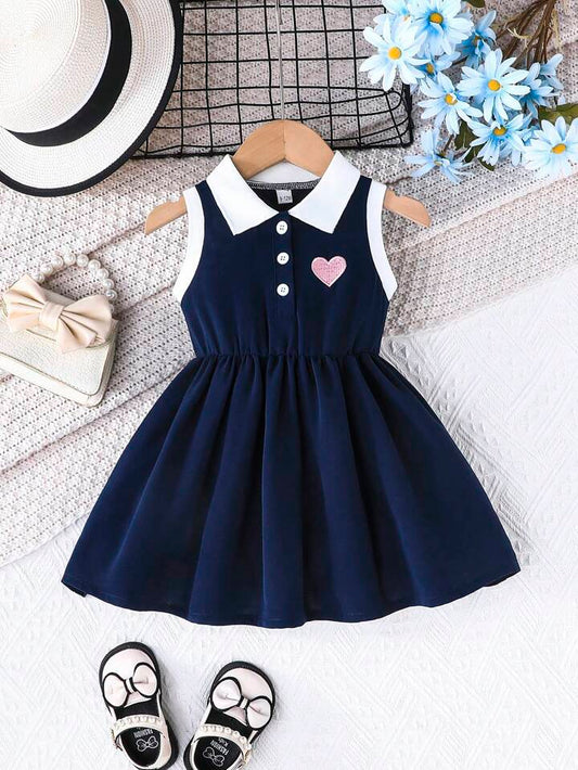 Baby Girl's Fashion Heart Embroidery Sleeveless Lapel Open Front Casual Everyday Dress