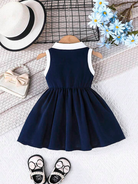 Baby Girl's Fashion Heart Embroidery Sleeveless Lapel Open Front Casual Everyday Dress