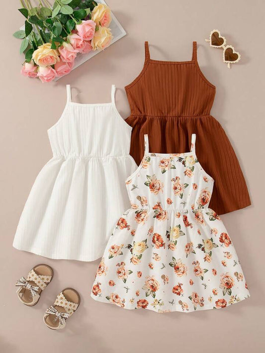 3pcs/Set Young Girls Sleeveless Floral Print Solid Color Button Decor Casual Dress Suit