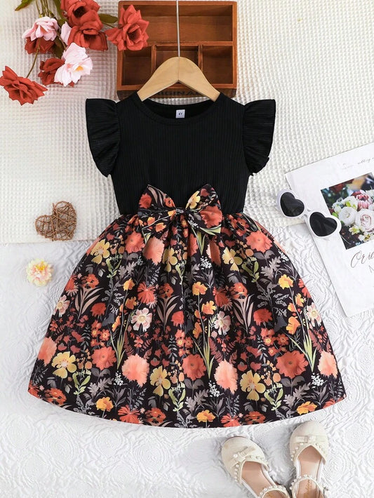 Young Girl Sweet Ruffled Sleeve Round Neck Bow Tied Floral Jungle Print Casual Dress