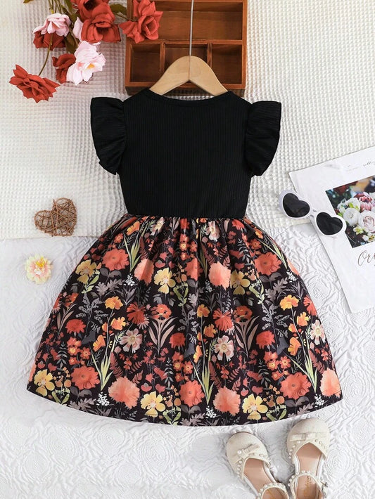 Young Girl Sweet Ruffled Sleeve Round Neck Bow Tied Floral Jungle Print Casual Dress