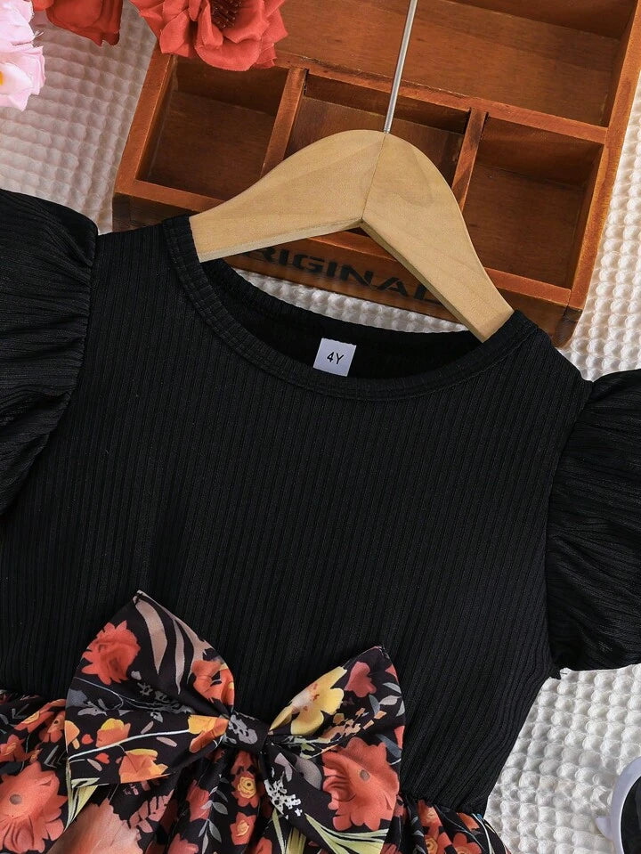 Young Girl Sweet Ruffled Sleeve Round Neck Bow Tied Floral Jungle Print Casual Dress