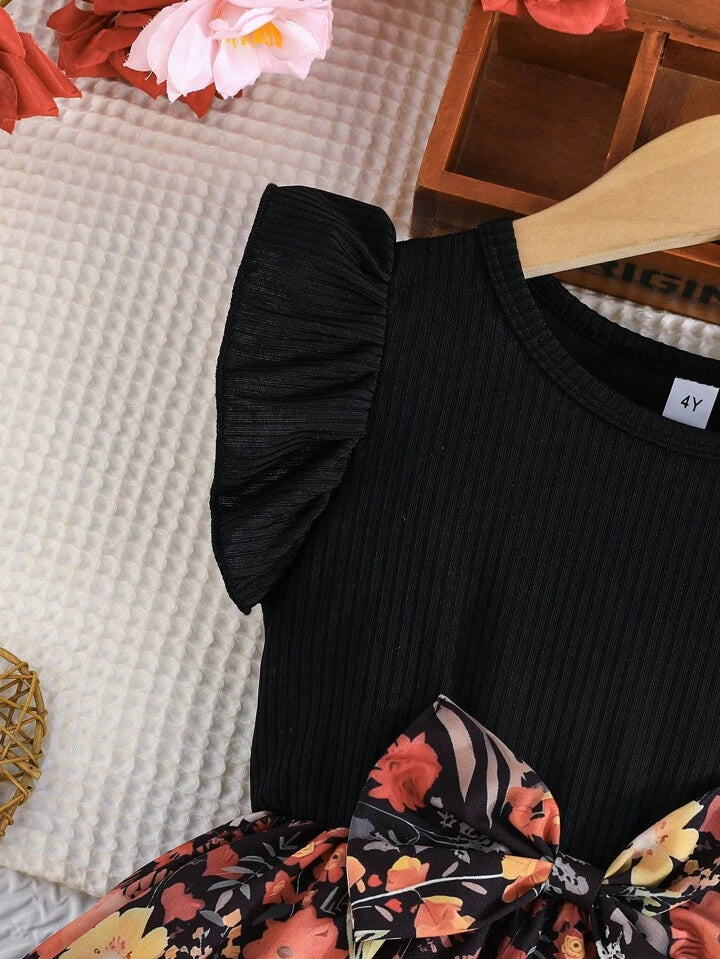 Young Girl Sweet Ruffled Sleeve Round Neck Bow Tied Floral Jungle Print Casual Dress