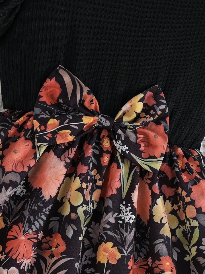 Young Girl Sweet Ruffled Sleeve Round Neck Bow Tied Floral Jungle Print Casual Dress