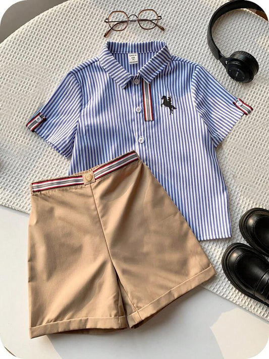 SHEIN Young Boy 2pcs/Set Value Bundle Casual Sports Preppy Colorful Stripe Trim Polo Collar Short Sleeve Shirt And Khaki Woven Shorts