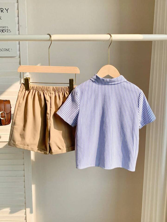 SHEIN Young Boy 2pcs/Set Value Bundle Casual Sports Preppy Colorful Stripe Trim Polo Collar Short Sleeve Shirt And Khaki Woven Shorts