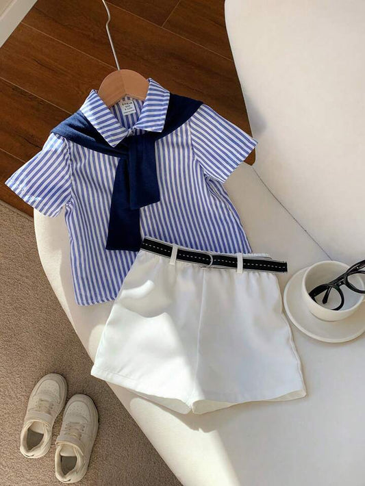 SHEIN 4pcs Set Young Boy Summer Cute Striped Short Sleeve Shirt, Elastic Waist Shorts, Cape, With Belt
