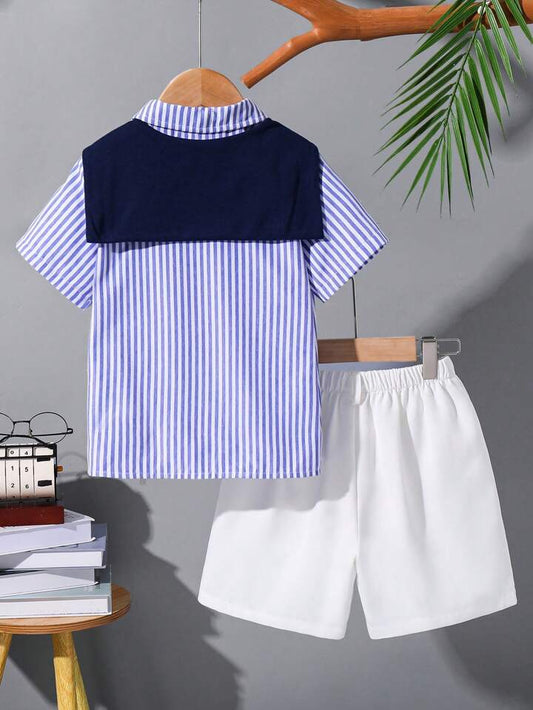 SHEIN 4pcs Set Young Boy Summer Cute Striped Short Sleeve Shirt, Elastic Waist Shorts, Cape, With Belt