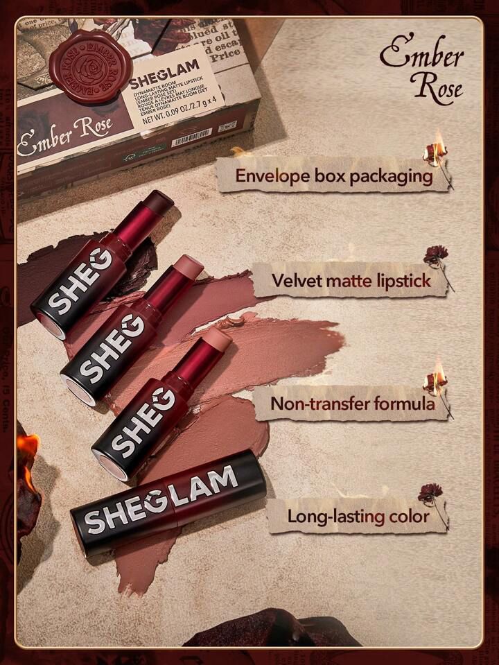 SHEGLAM Dynamatte Boom Long-Lasting Matte Lipstick (Ember Rose Set) 4 piece